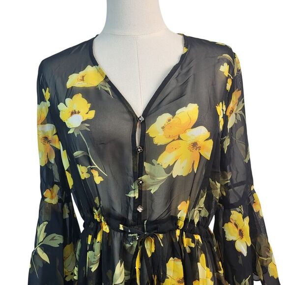 NEW POL Small Sheer Midi Maxi Dress Lingerie Cover-Up Black Yellow Floral Print - Picture 7 of 16